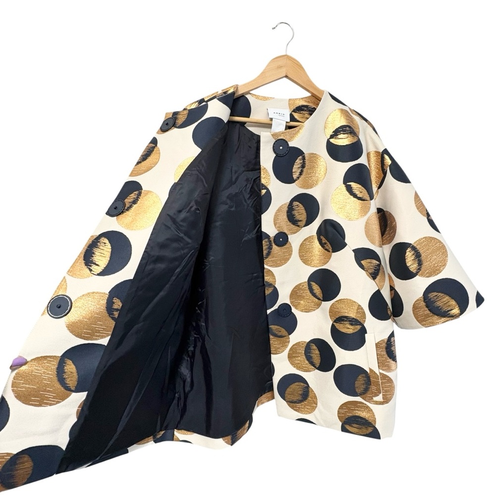 AKRIS Punto Car Coat Jacquard Sake Blue Metallic Gold Dot Print, Size US 12 - Picture 5 of 12